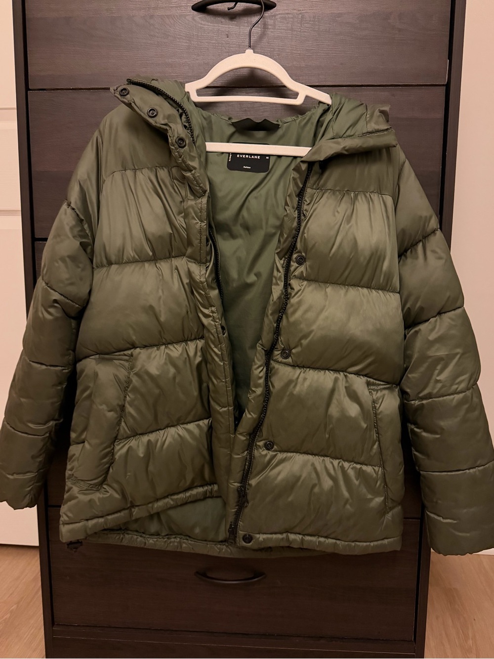 Everlane Olive Green Puffer Jacket with Hooded Collar